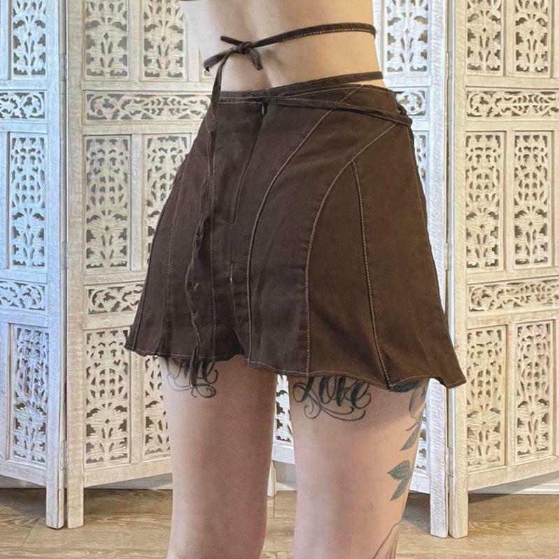 Fairy Grunge Lace Up Mini Skort - Y2K Fashion Boho Style with Chic Layered Design