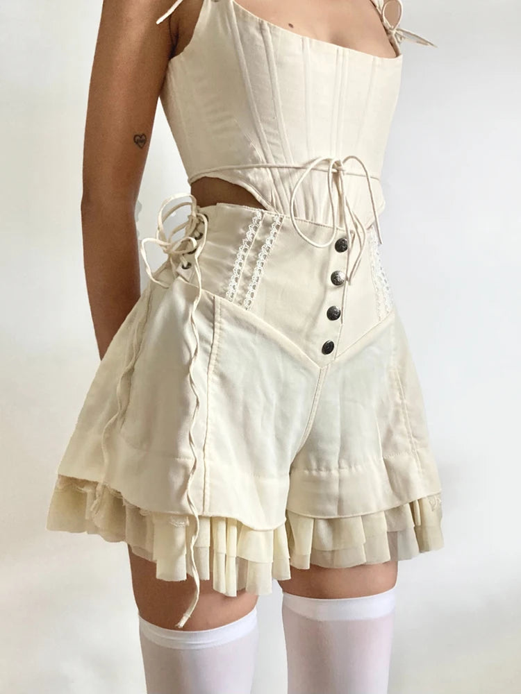 Fairycore Ruffled Lace Up Shorts - Lightweight Y2K Lace Up Design for Trendy Streetwear Style