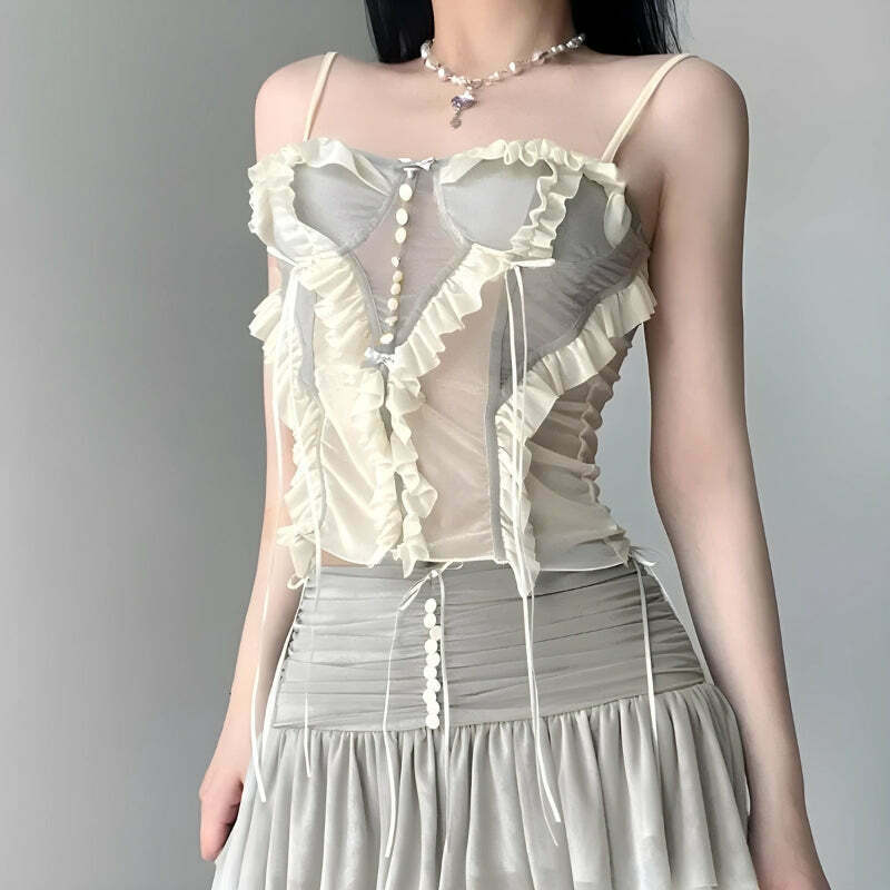 Fairycore Ruffled Mesh Corset Top with Bow Tie - Y2K Denim Tube Crop Top for Trendy Style