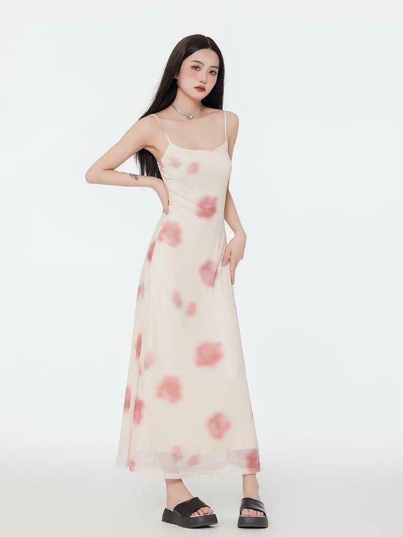 Floral Mesh Spaghetti Strap Maxi Dress - Bohemian Y2K Style for Effortless Summer Elegance