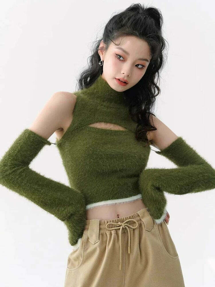 Fluffy Y2K Crop Sweater Top with Unique Skeleton Design - Aesthetic Zip-Up Hoodie