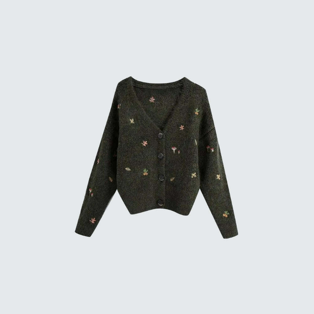 Goblincore Leaf Embroidery Cardigan - Vintage-Inspired Blue Floral Grunge Y2K Style