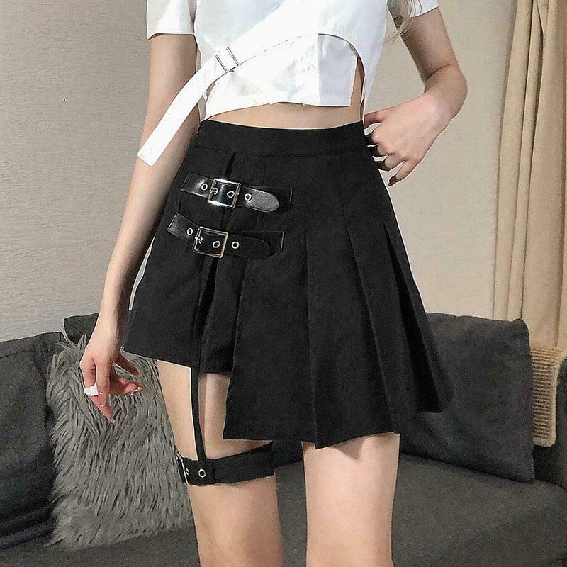 Goth Belt Detail Mini Skirt - Trendy Y2K Style with Pleated Design for Unique Fashionistas