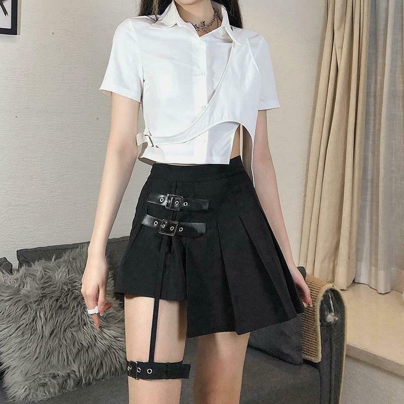 Goth Belt Detail Mini Skirt - Trendy Y2K Style with Pleated Design for Unique Fashionistas