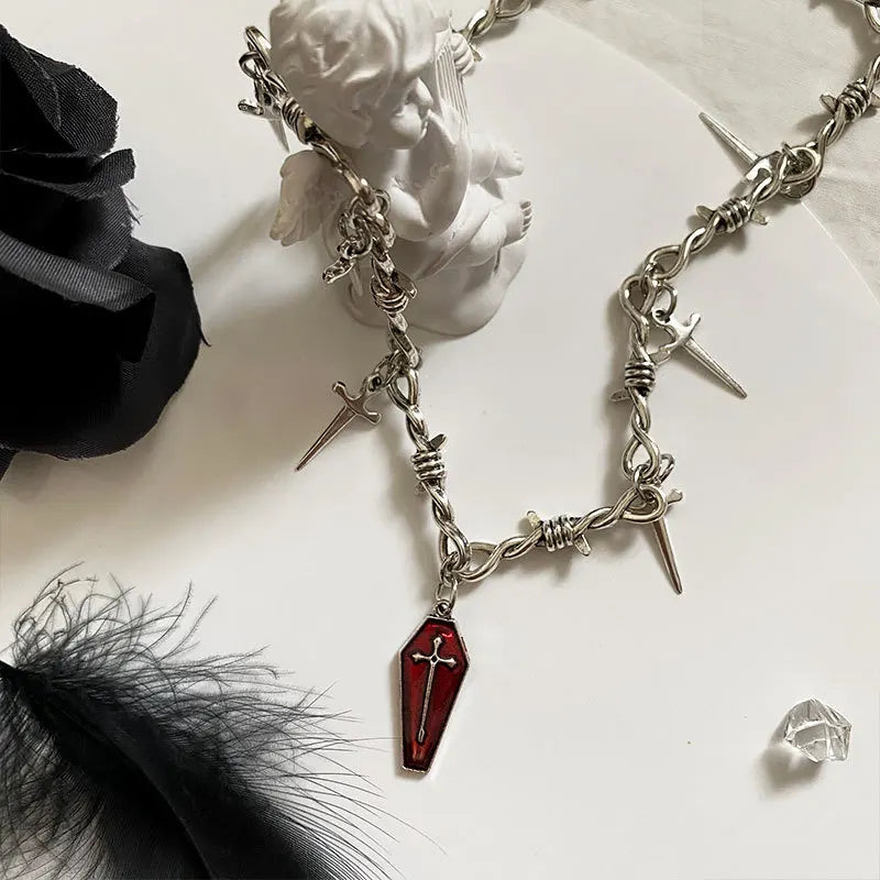 Goth Coffin & Swords Necklace - Y2K Aesthetic with Beaded Stars and Butterfly Skull Charm