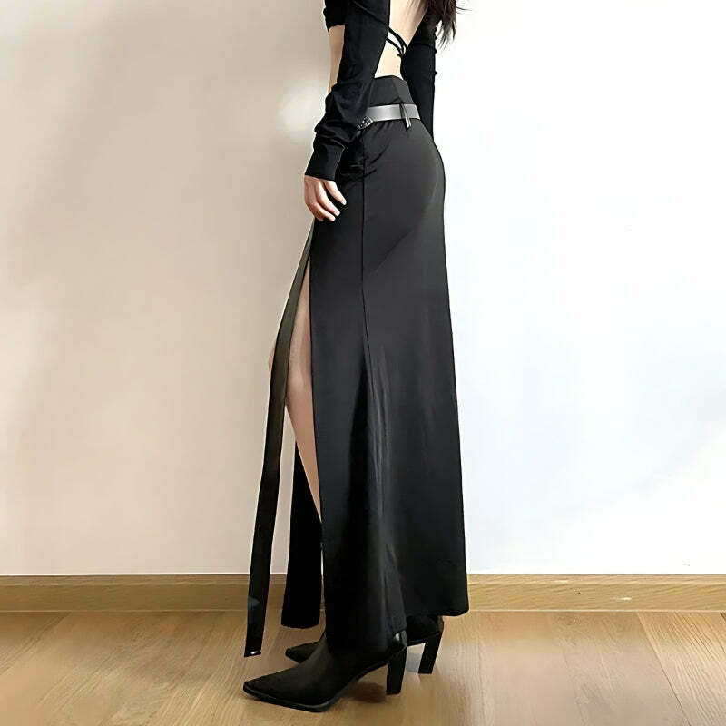 Goth Double Slit Maxi Skirt - Chic Y2K Fashion with Elegant Pleats and Drawstring Detail