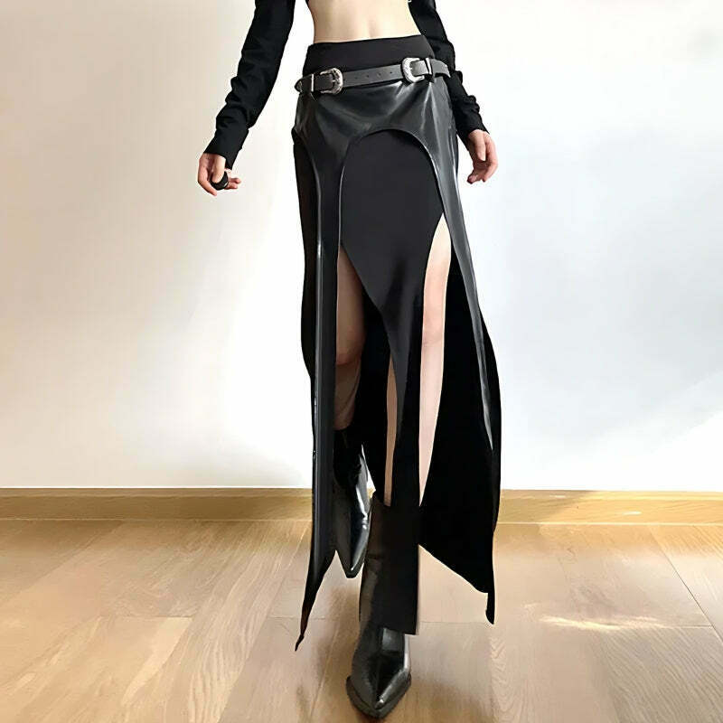 Goth Double Slit Maxi Skirt - Chic Y2K Fashion with Elegant Pleats and Drawstring Detail