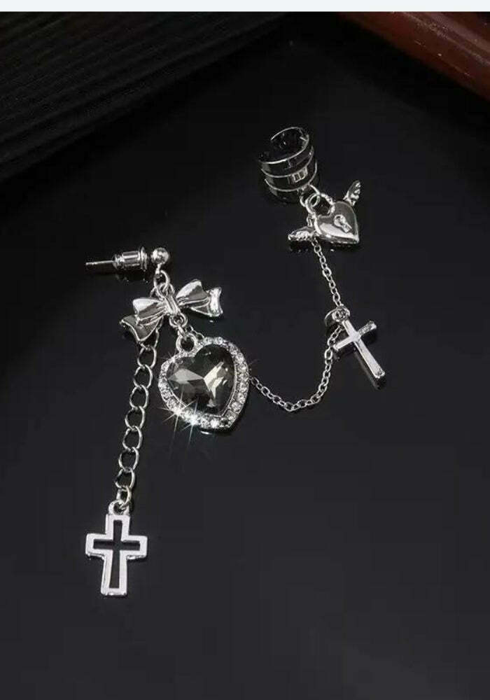 Goth Heart Cross Chain Earrings - Y2K Style Silver Chain Jewelry for Cyberpunk Fashion