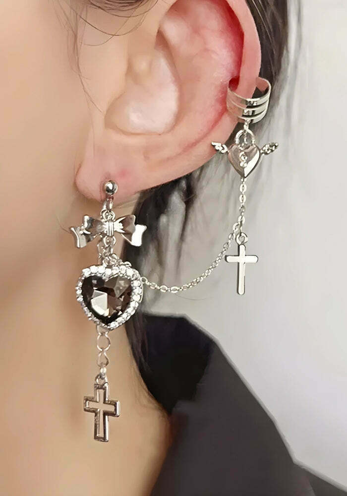 Goth Heart Cross Chain Earrings - Y2K Style Silver Chain Jewelry for Cyberpunk Fashion