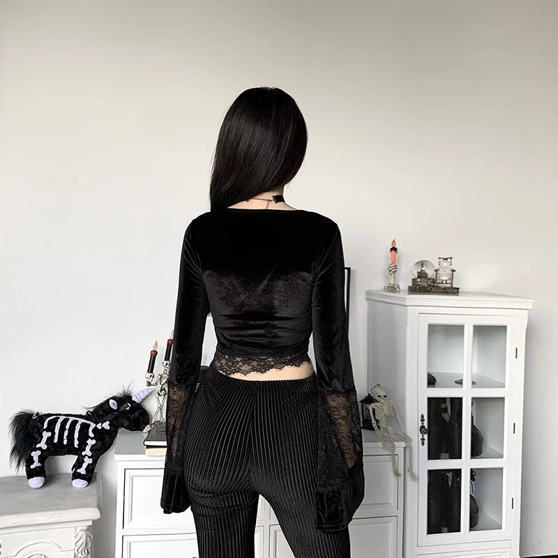 Goth Lace Flare Cuffs Crop Top - Y2K Fashion Statement with Elegant Lace and Flare Design