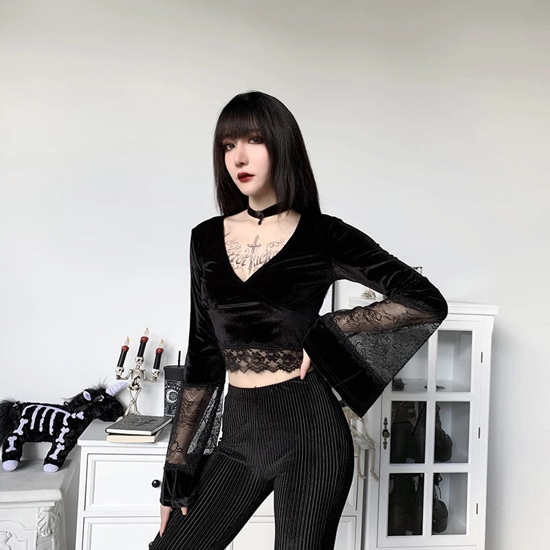 Goth Lace Flare Cuffs Crop Top - Y2K Fashion Statement with Elegant Lace and Flare Design