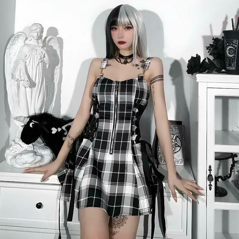 Goth Plaid Lace Up Mini Dress - Trendy Pink Plaid Bodycon Dress for Y2K Fashion Lovers