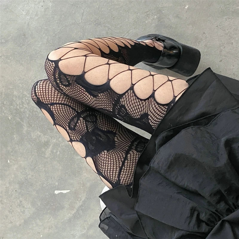 Goth Rose Patterned Fishnet Tights - Y2K Emo Clothing with Pink Bow and Cross Design