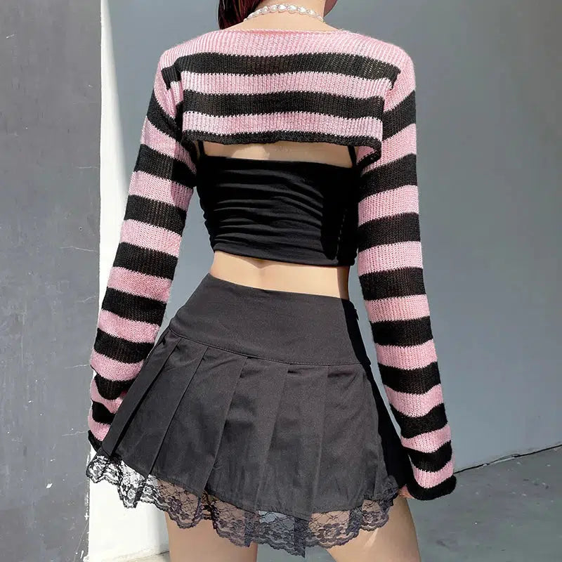 Goth Striped Knitted Shrug Sweater - Aesthetic Y2K Fashion with Unique Skeleton Embroidery