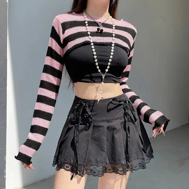 Goth Striped Knitted Shrug Sweater - Aesthetic Y2K Fashion with Unique Skeleton Embroidery