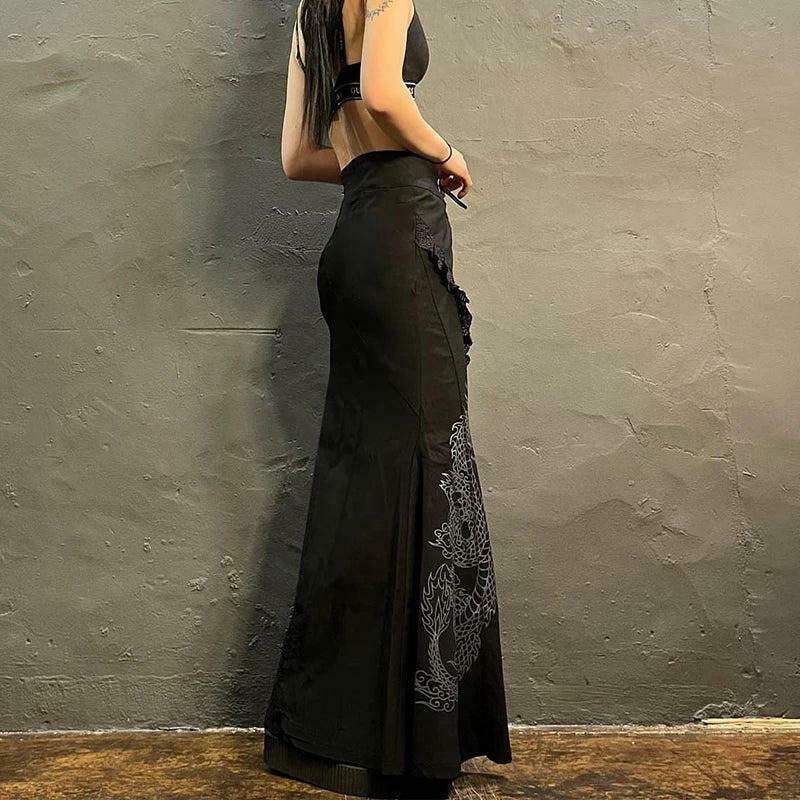 Gothic Dragon Printed Maxi Skirt - Y2K Khaki Pleated Design with Drawstring Detail