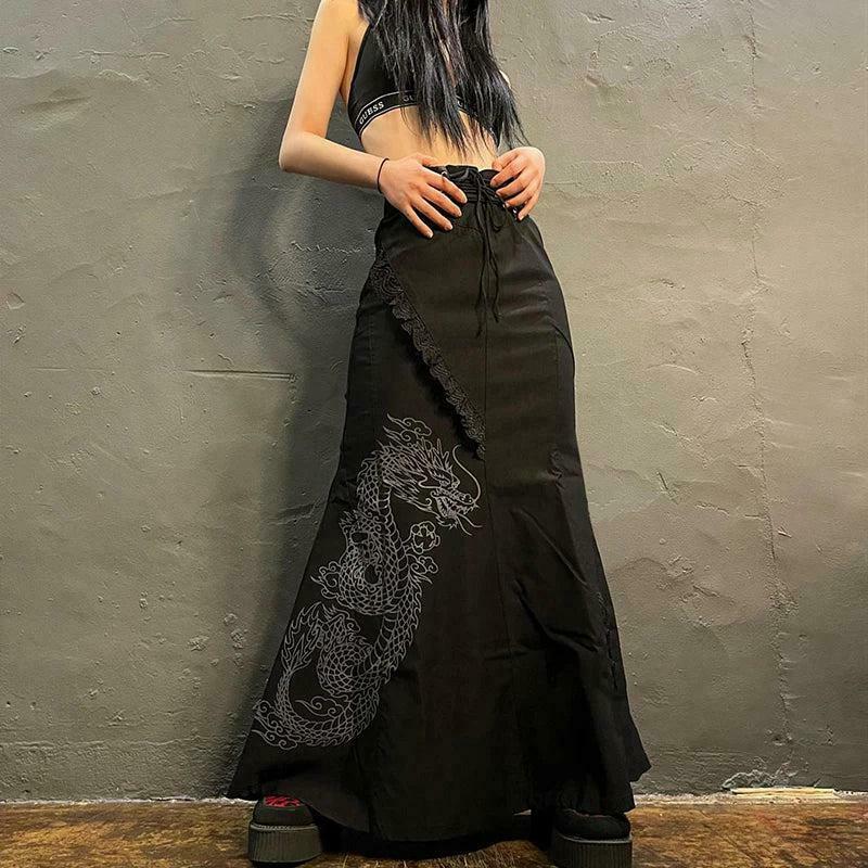 Gothic Dragon Printed Maxi Skirt - Y2K Khaki Pleated Design with Drawstring Detail