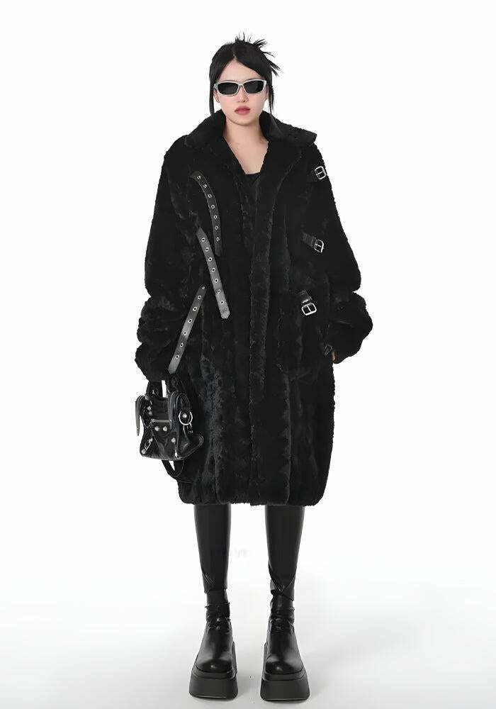 Gothic Faux Fur Fluffy Long Jacket - Y2K Style Color Block Baggy Fur Jacket for Trendsetters