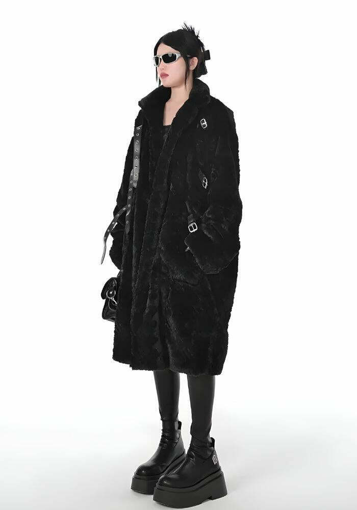 Gothic Faux Fur Fluffy Long Jacket - Y2K Style Color Block Baggy Fur Jacket for Trendsetters