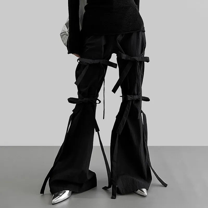 Gothic Lace Up Flare Pants - Trendy Y2K Style with Rivet Details and Unique Flare Design