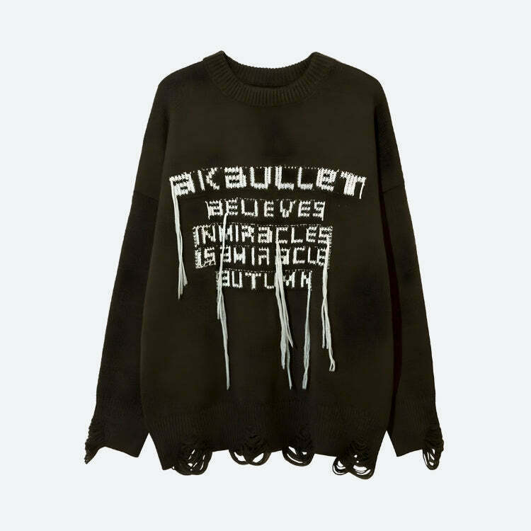 Grunge AK-Bullet Tasseled Sweater - Y2K Aesthetic Embroidery Cat & Skeleton Design