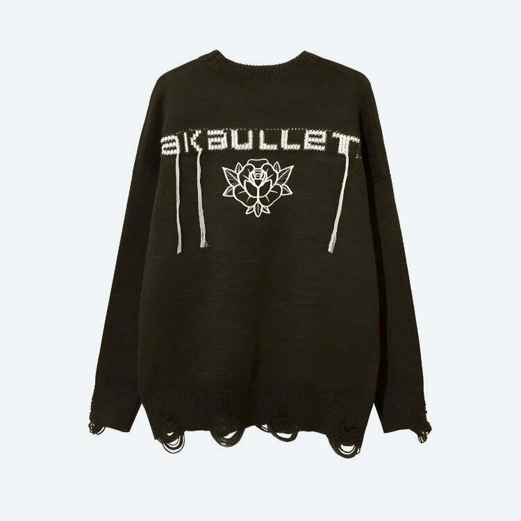 Grunge AK-Bullet Tasseled Sweater - Y2K Aesthetic Embroidery Cat & Skeleton Design