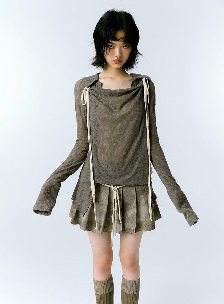 Grunge Asymmetric Long Sleeve Lace Top with Bow Tie - Y2K Fairy Crop Top for Trendy Styles