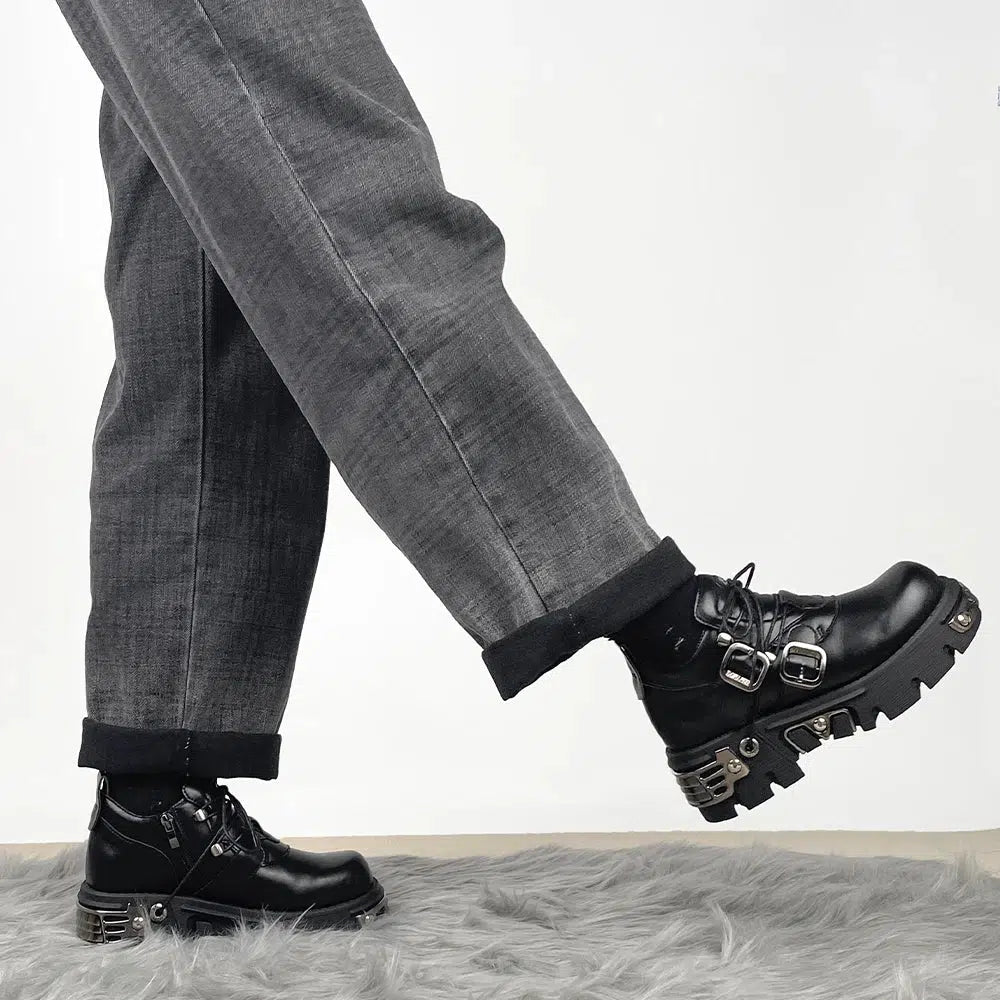 Grunge Belted Lace-Up Platform Boots - Emo Combat Style with Cow Print & Split Toe Design