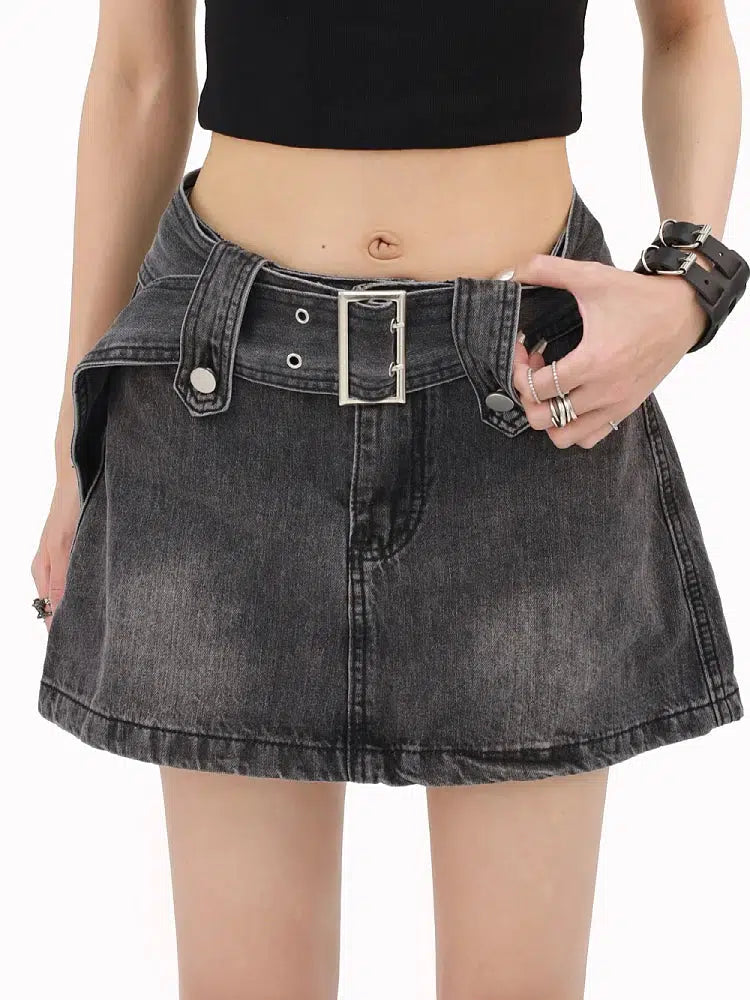 Grunge Buttoned Belt Loop Mini Skort - Y2K Denim Style for Trendy Boho Looks