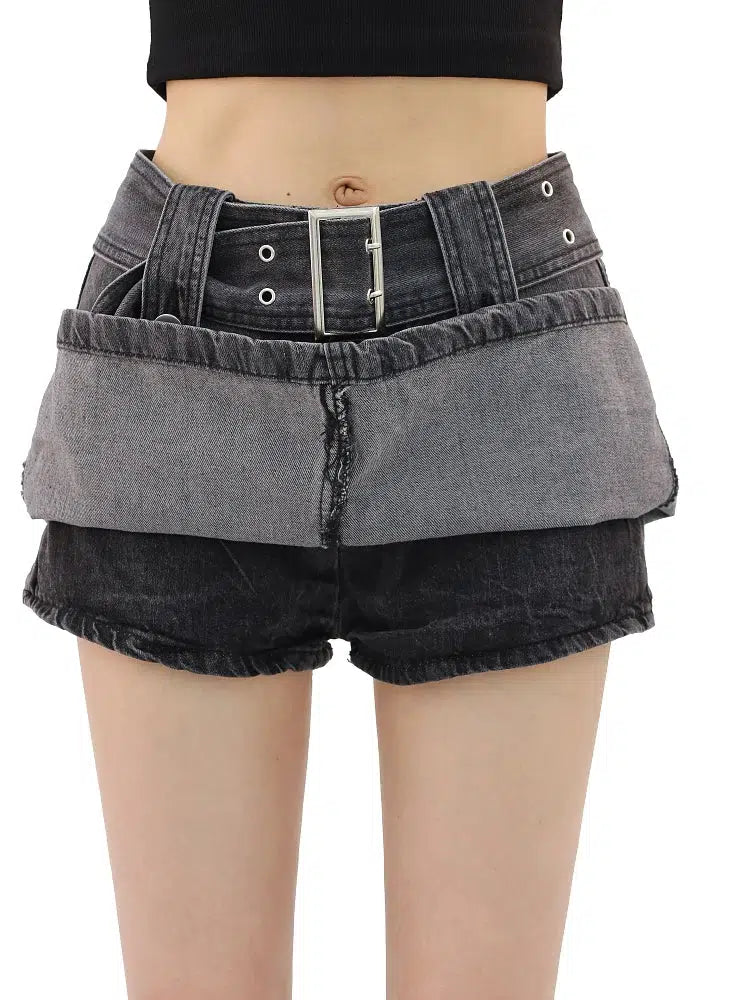 Grunge Buttoned Belt Loop Mini Skort - Y2K Denim Style for Trendy Boho Looks