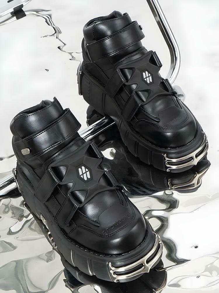 Grunge Chunky Metal Detailed Platform Boots - Y2K Split Toe Design & Cow Print Style