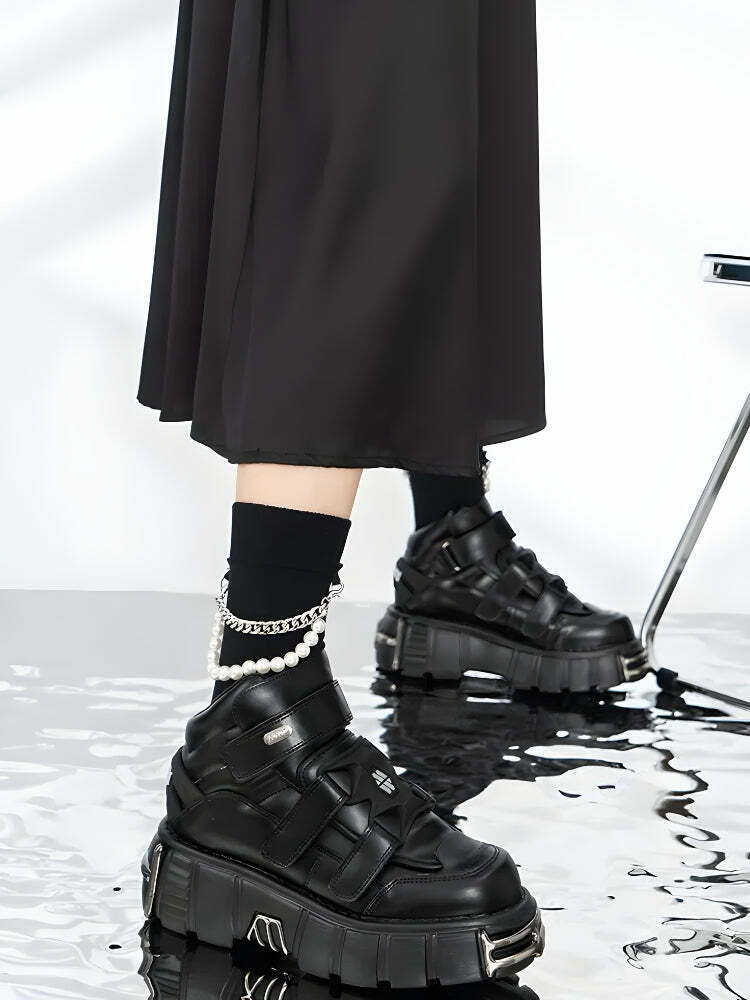 Grunge Chunky Metal Detailed Platform Boots - Y2K Split Toe Design & Cow Print Style