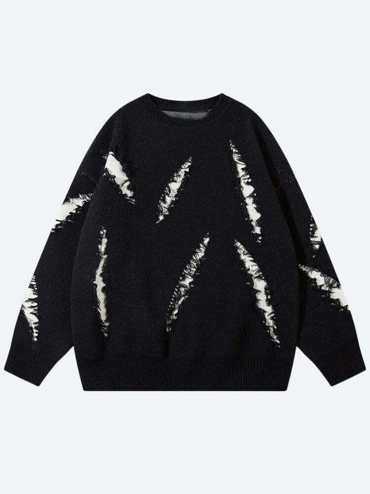 Grunge Claw Distressed Knitted Sweater - Unique Y2K Aesthetic with Embroidery Details