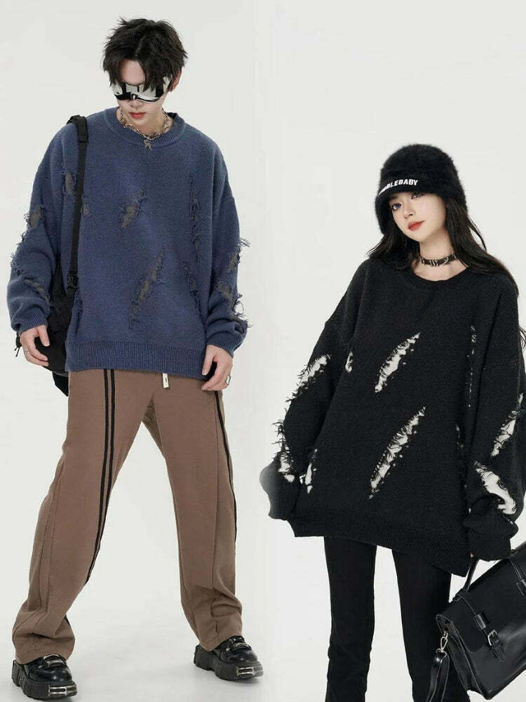 Grunge Claw Distressed Knitted Sweater - Unique Y2K Aesthetic with Embroidery Details