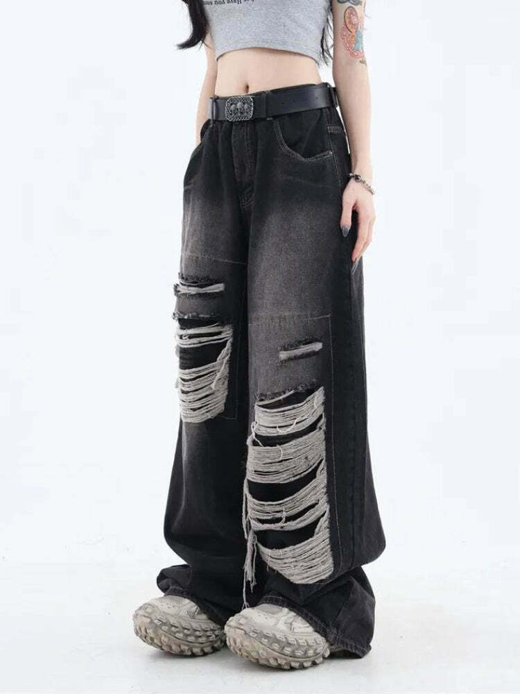 Grunge Dark Wash Distressed Jeans for Trendy Y2K Outfits - Low Rise Baggy Style