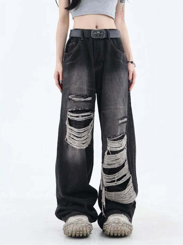 Grunge Dark Wash Distressed Jeans for Trendy Y2K Outfits - Low Rise Baggy Style