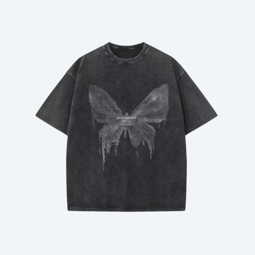 Grunge Distressed Butterfly Tee - Y2K Aesthetic Graphic Tee for Trendy Outfits