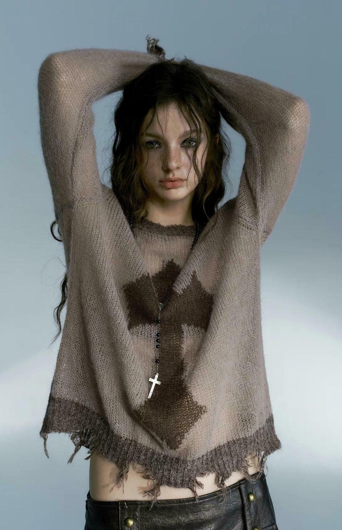 Grunge Distressed Cross Sweater - Aesthetic Y2K Style with Unique Skeleton Design