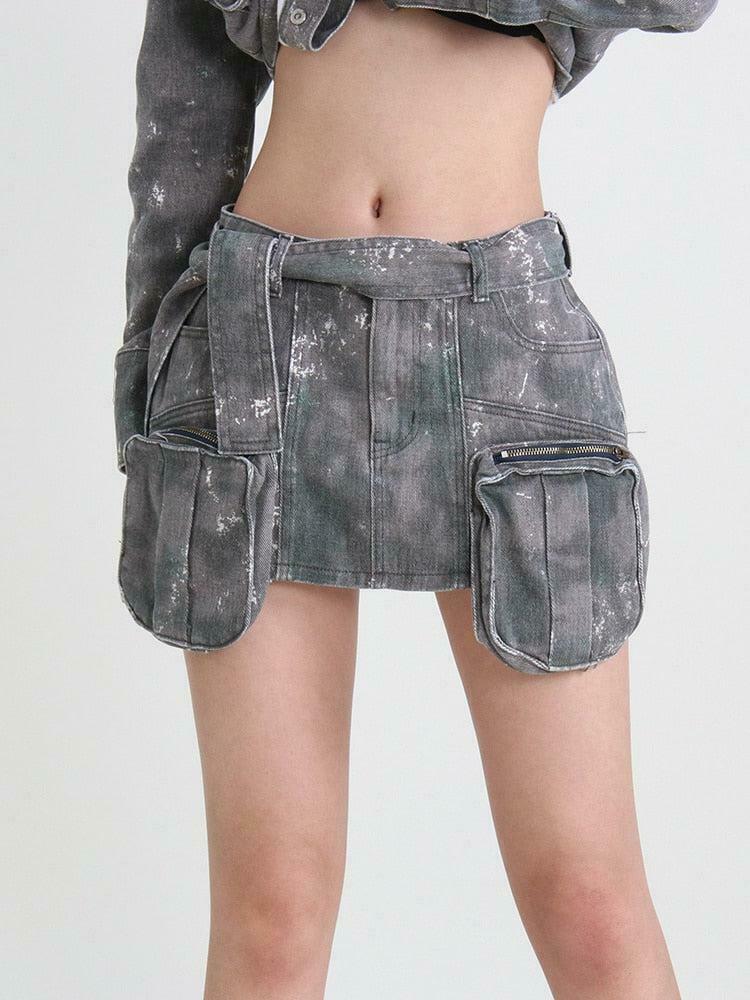 Grunge Distressed Khaki Cargo Denim Mini Skirt - Trendy Y2K Style for Effortless Chic