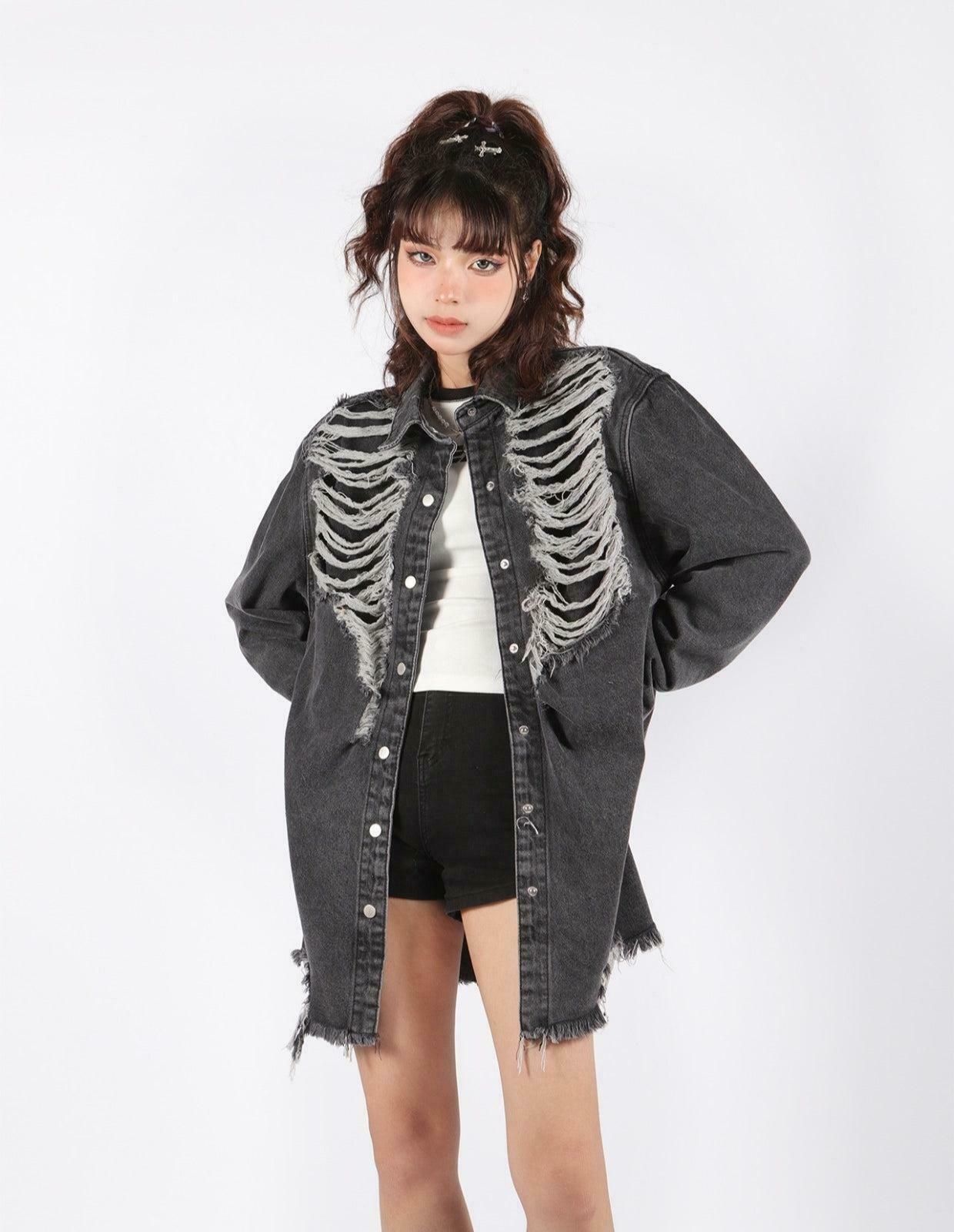 Grunge Distressed Long Denim Jacket - Y2K Style Oversized Fashion Statement Piece