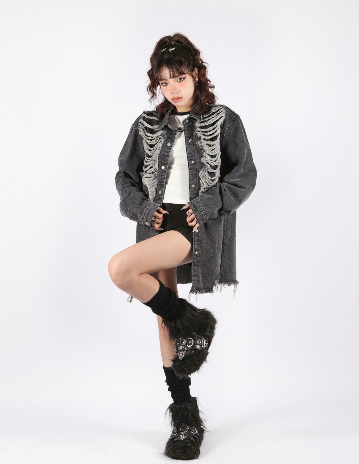 Grunge Distressed Long Denim Jacket - Y2K Style Oversized Fashion Statement Piece