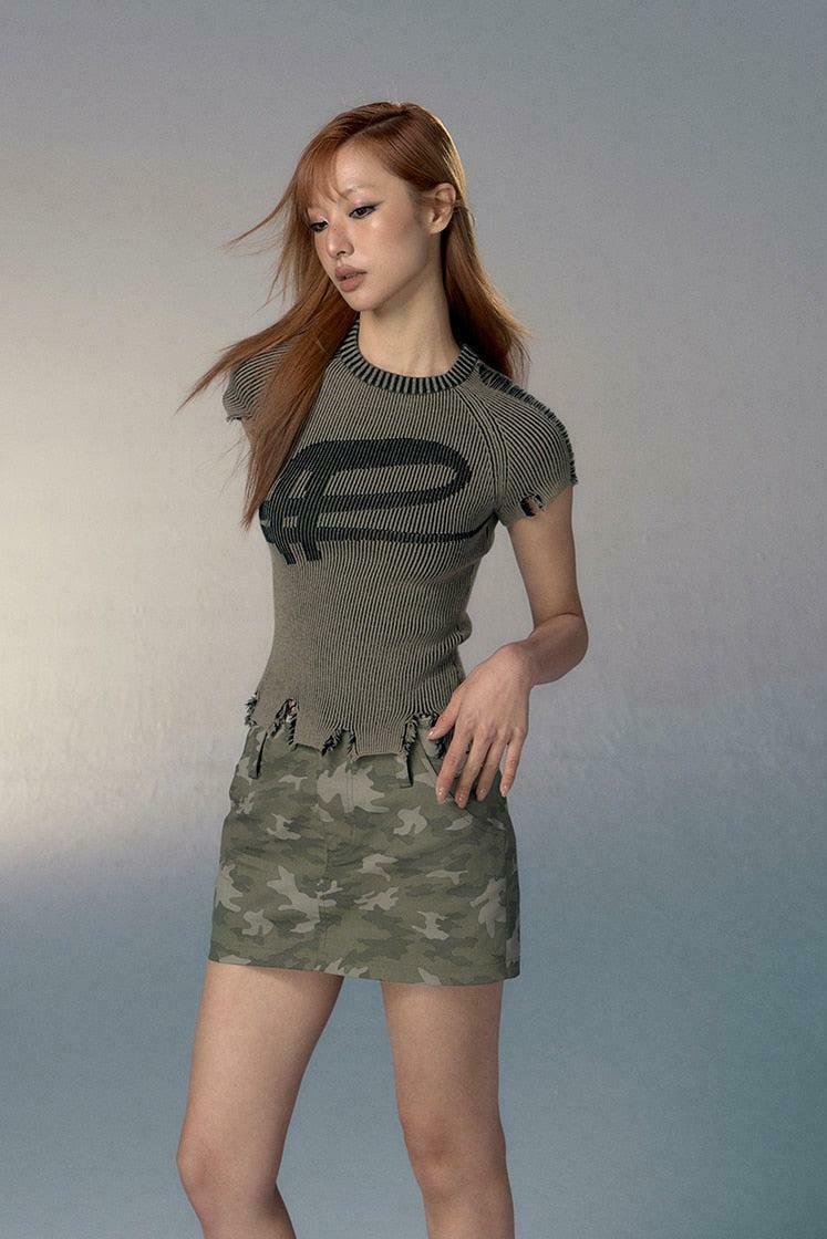 Grunge Distressed Ribbed Crop Top with Bow Tie Detail - Y2K Fashion Essential