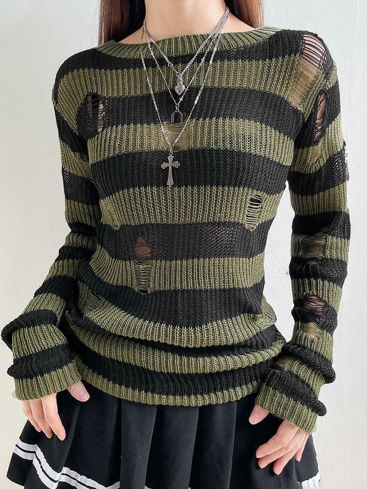 Grunge Distressed Striped Sweater - Aesthetic Y2K Style with Unique Embroidery Details