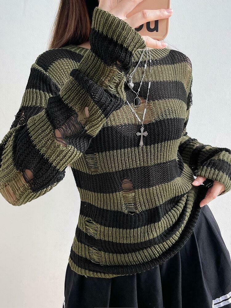 Grunge Distressed Striped Sweater - Aesthetic Y2K Style with Unique Embroidery Details