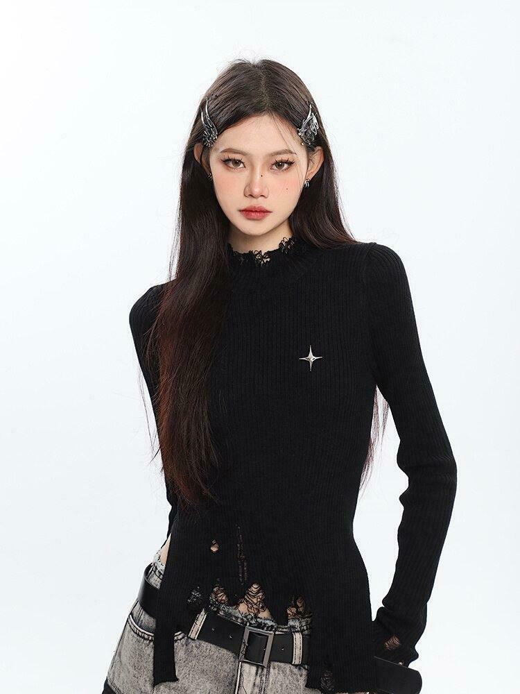 Grunge Distressed Turtleneck Sweater with Skeleton Embroidery - Y2K Aesthetic Style