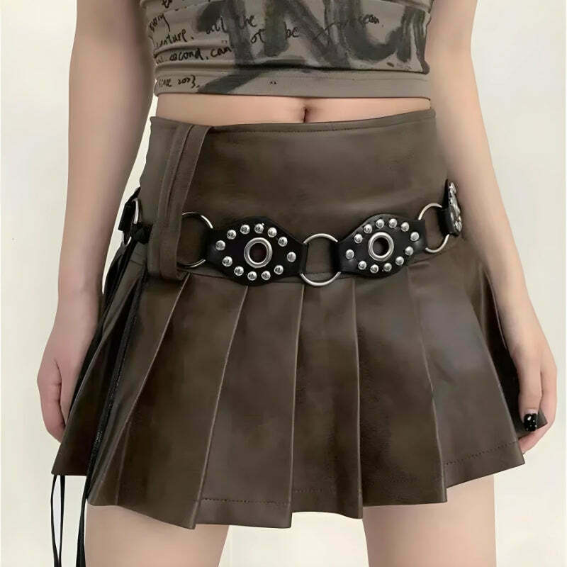 Grunge Faux Leather Lace-Up Belt with Rivets - Y2K Style for Trendy Leather Skirts