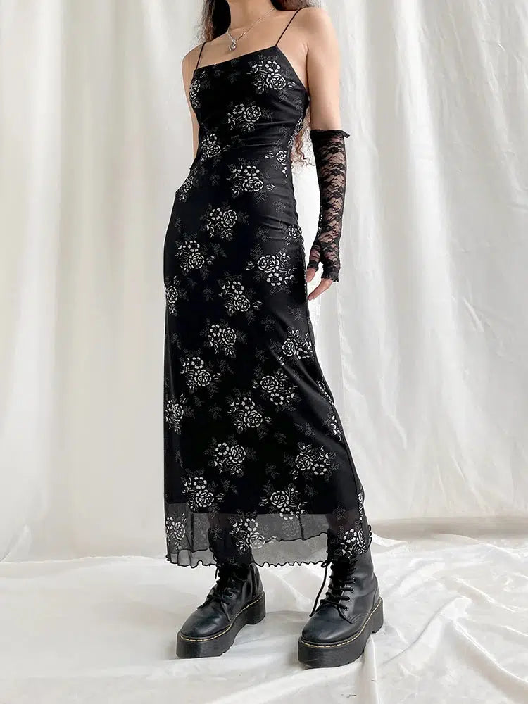 Grunge Floral Mesh Midi Dress - Y2K Style Bohemian Long Sleeve Bodycon Dress for Trendy Looks