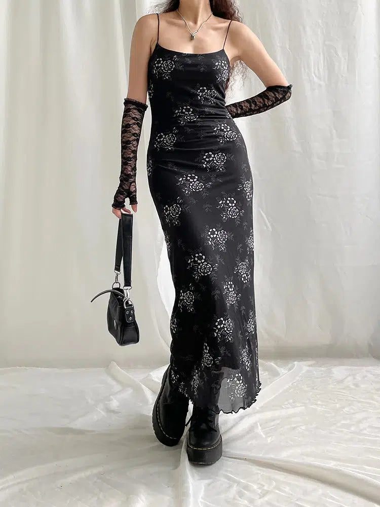 Grunge Floral Mesh Midi Dress - Y2K Style Bohemian Long Sleeve Bodycon Dress for Trendy Looks