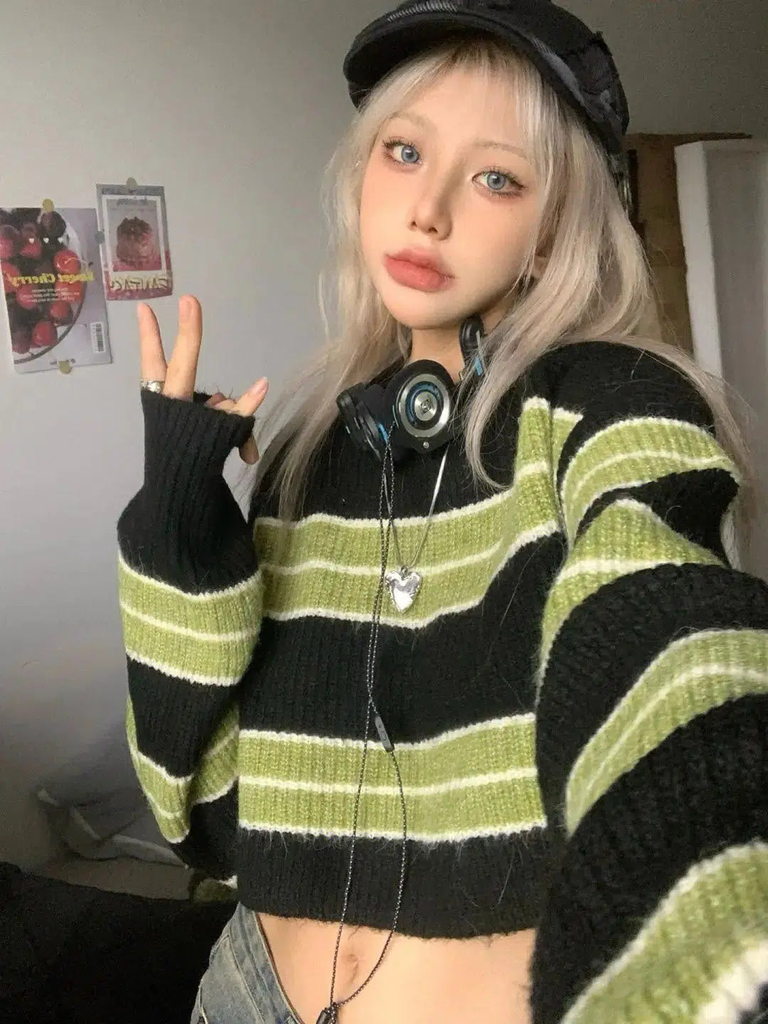 Grunge Green Striped Crop Sweater - Y2K Aesthetic with Unique Embroidery and Cozy Style