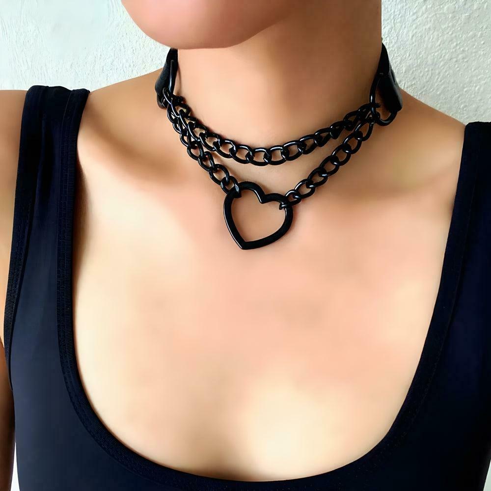 Grunge Heart Belted Choker Necklace - Y2K Style Gothic Lace & Beads Aesthetic Accessory